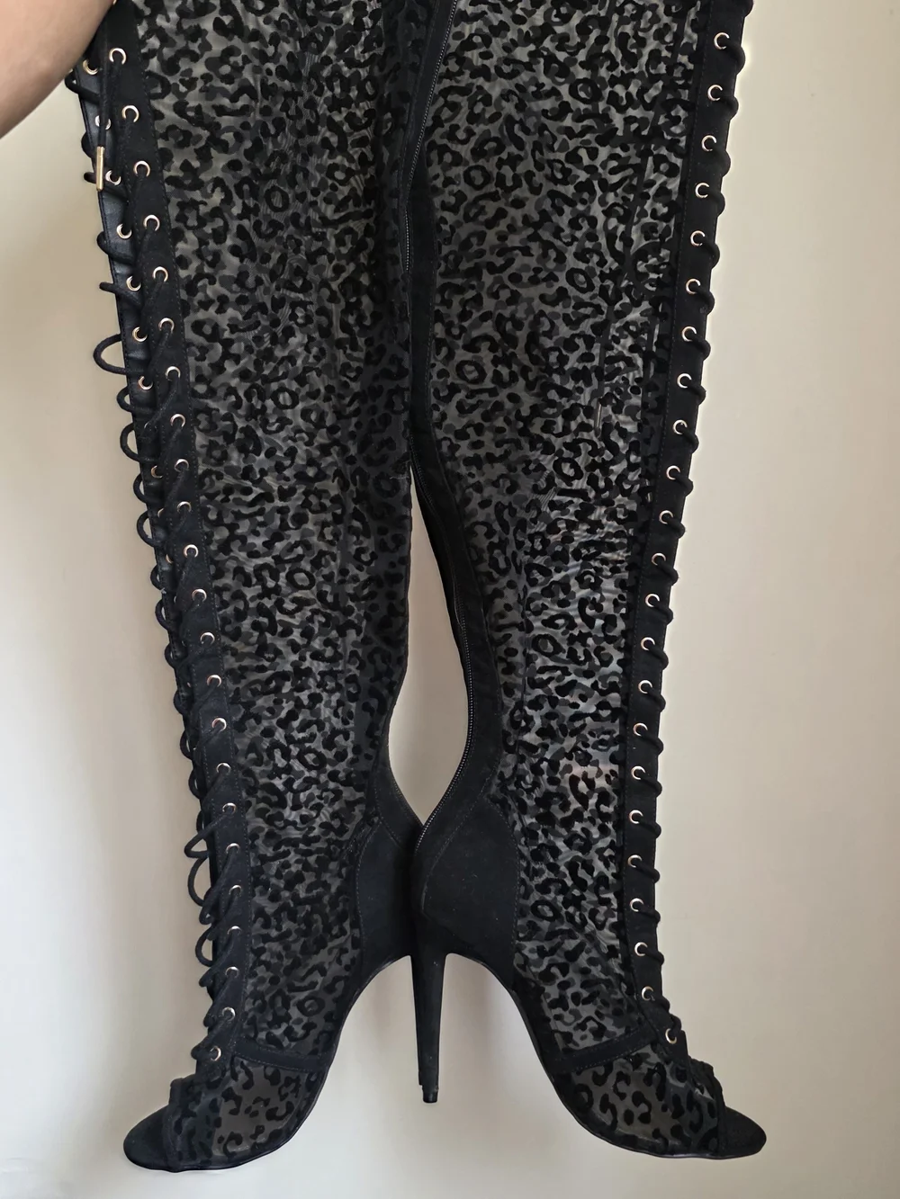 Black Over-the-Knee Lace-Up Stiletto Boots